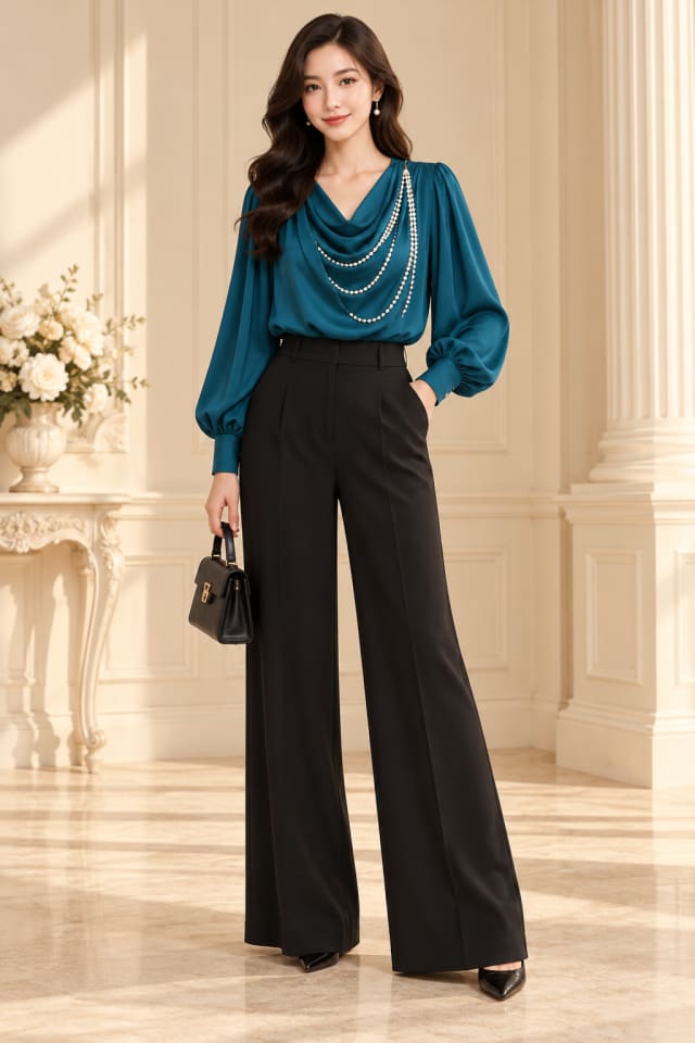 Black Trousers and Draped Teal Blouse