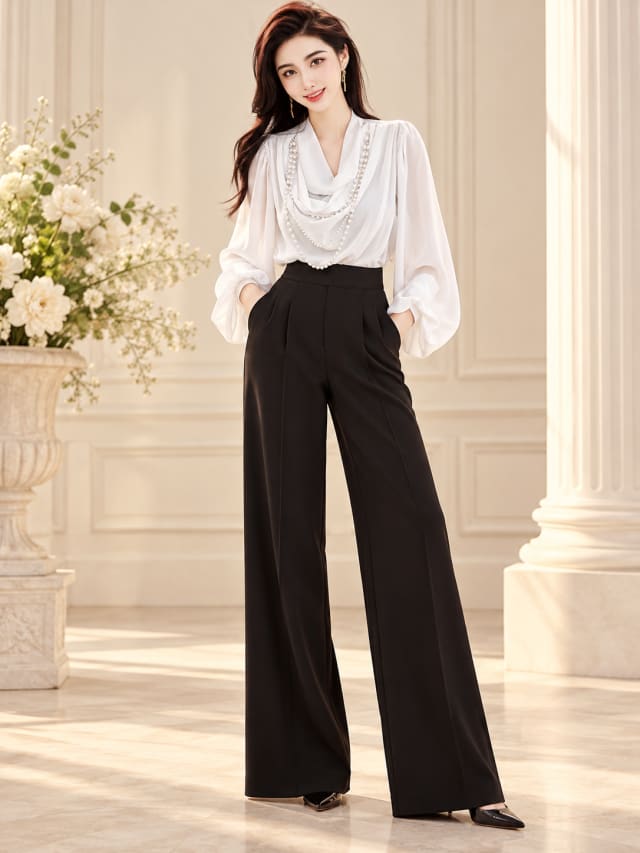 Black Wide-Leg Trousers and Draped White Blouse