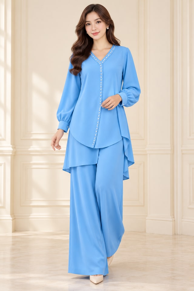 Sky Blue Layered Trouser Set