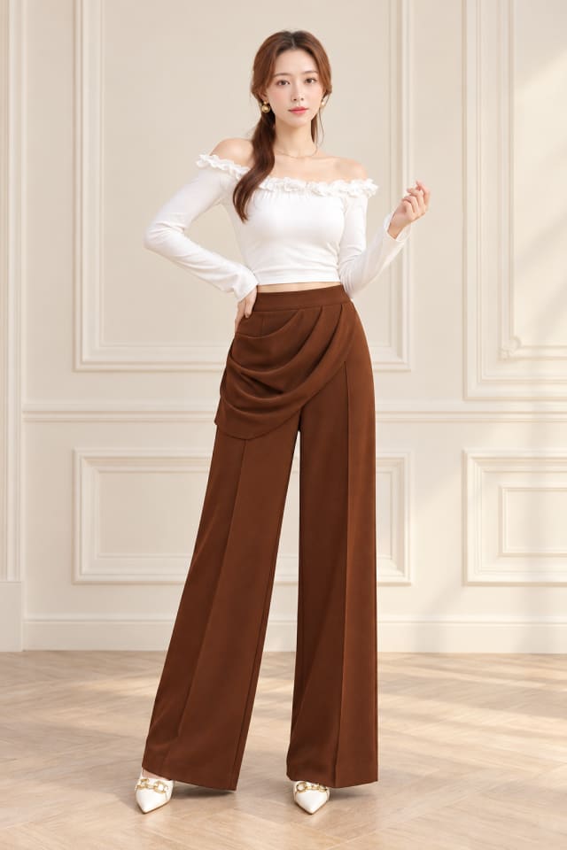 Chocolate Wrap Trousers and White Square-Neck Top