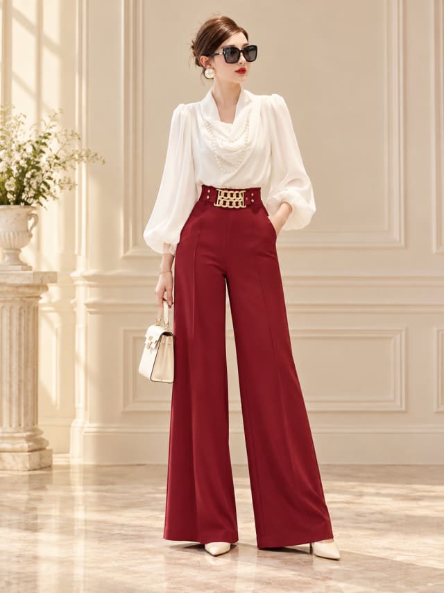 Burgundy Wide-Leg Trousers and White Blouse