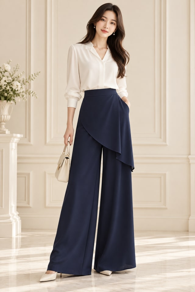 Navy Wrap Trousers and Ivory Blouse