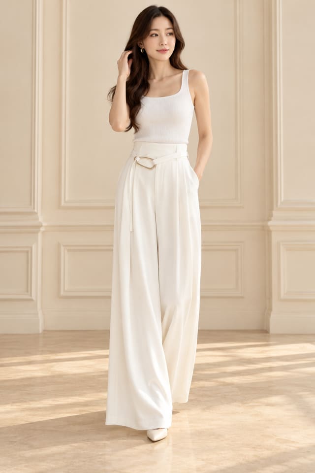 Ivory Wide-Leg Trousers and White Vest