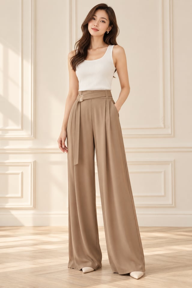 Camel Wide-Leg Trousers and White Vest