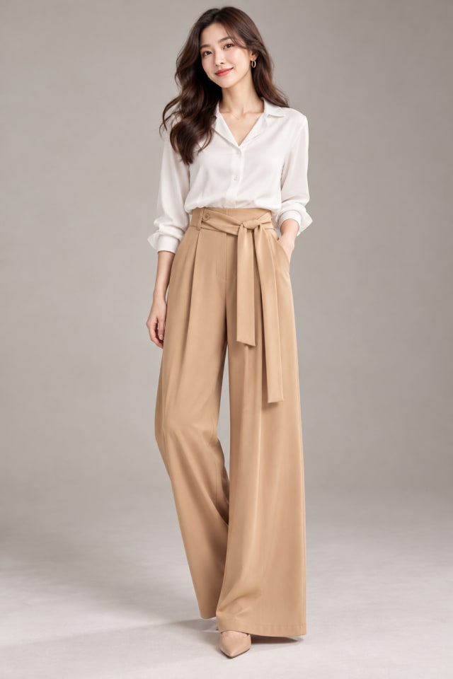 Camel Tie-Waist Trousers and White Blouse