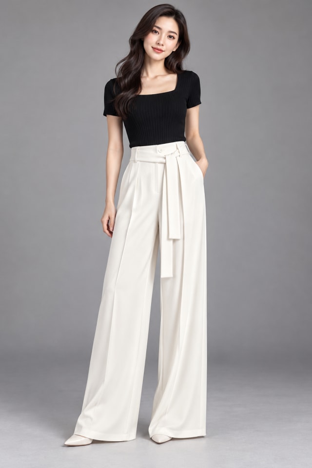 Ivory Wide-Leg Trousers and Black Top