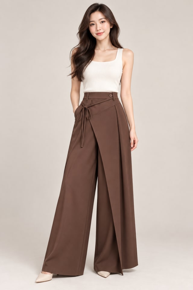 Chocolate Wide-Leg Trousers and White Vest
