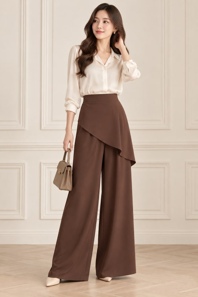 Chocolate Wrap Trousers and Ivory Blouse