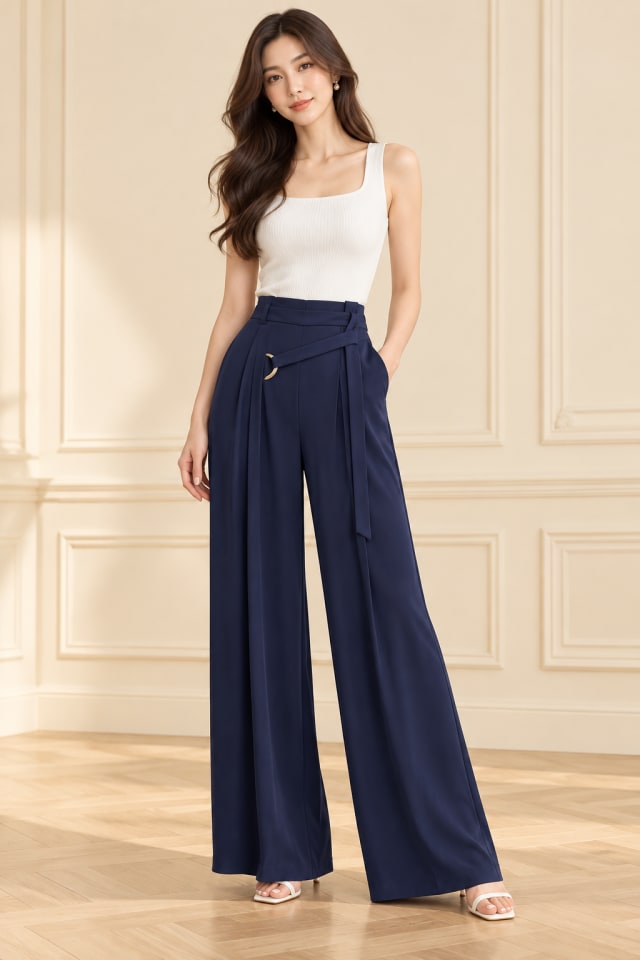 Navy Wide-Leg Trousers and White Vest