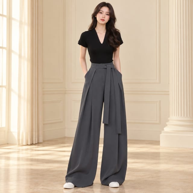 Charcoal Wide-Leg Trousers and Black Top