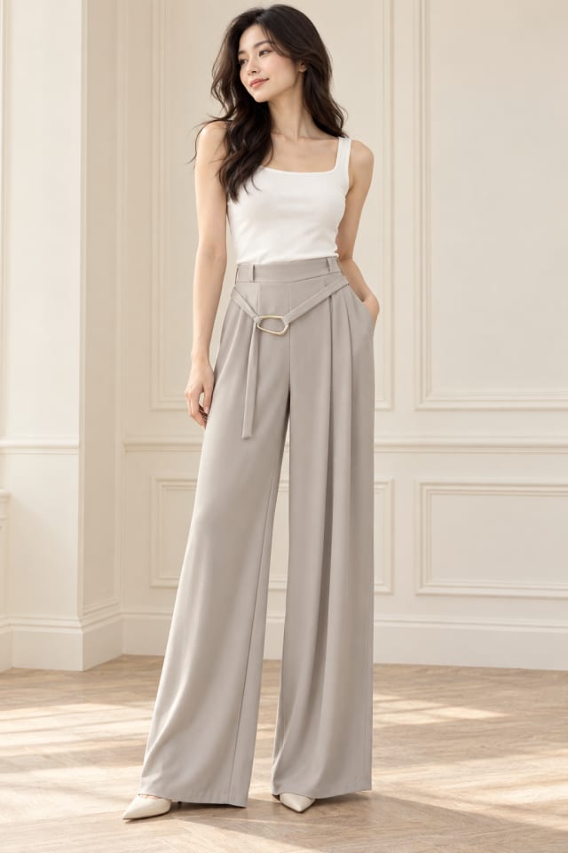 Grey Wide-Leg Trousers and White Vest