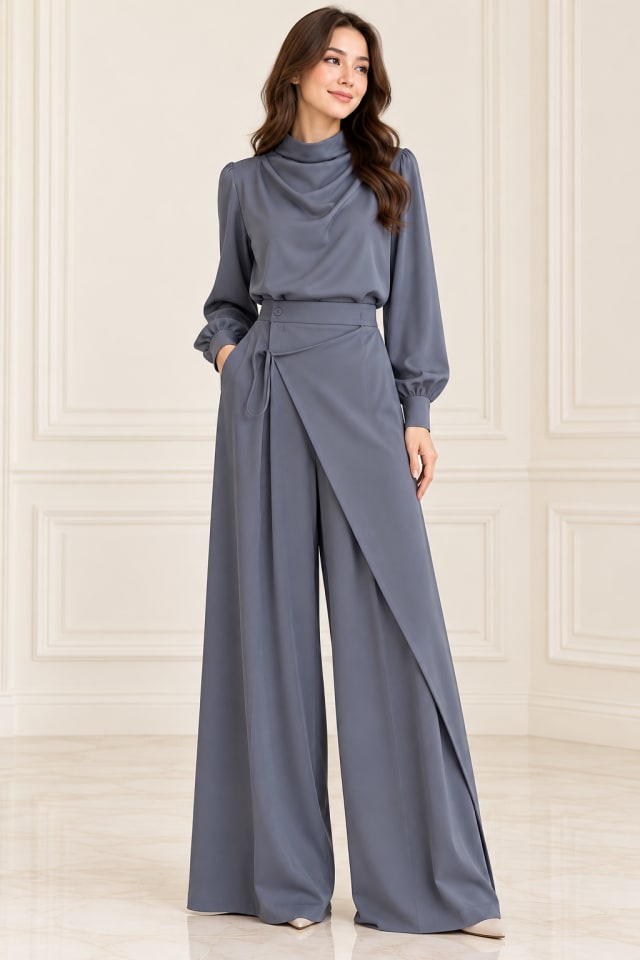 Slate Blue Draped Trouser Set
