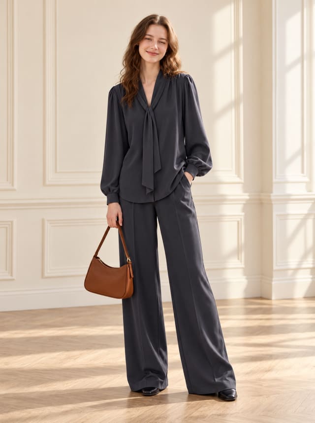 Navy Tie-Waist Wide-Leg Set