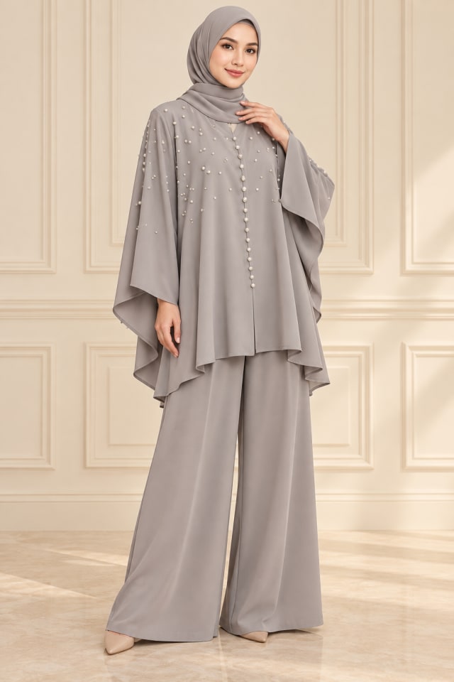 Grey Beaded Cape Set
