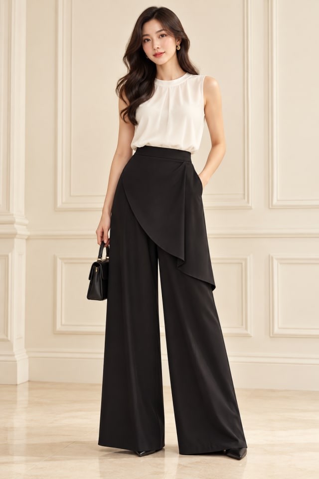 Black Wrap Trousers and Ivory Sleeveless Top