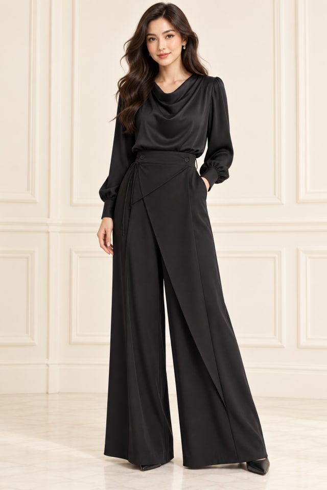 Black Draped Wide-Leg Set