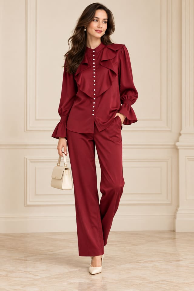 Burgundy Ruffle Trouser Set