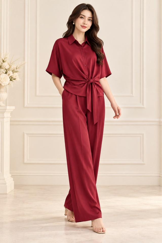 Burgundy Tie-Waist Wide-Leg Set