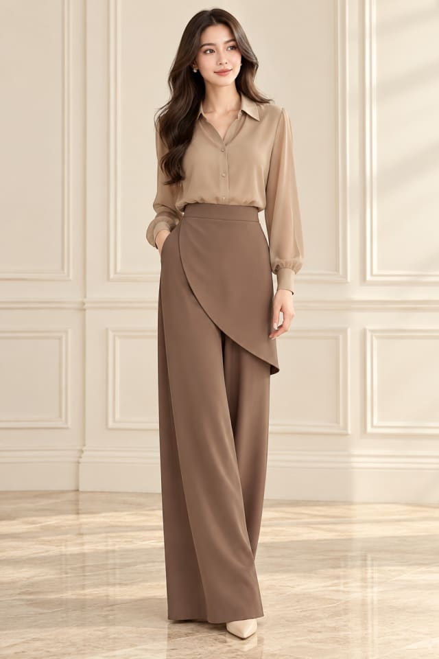 Taupe Wrap-Panel Trouser Set