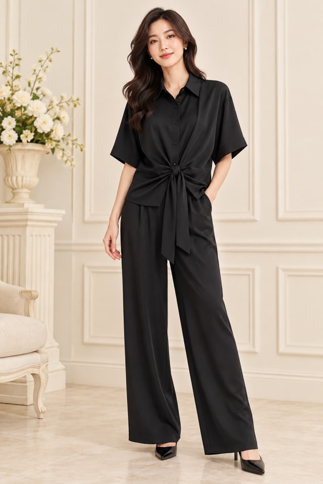 Black Tie-Waist Wide-Leg Set
