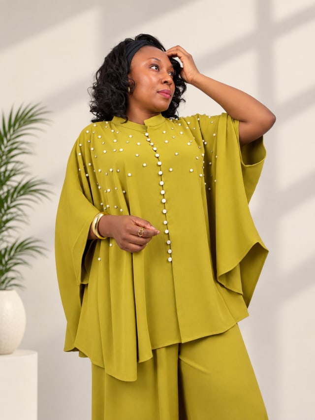 Lime Beaded Cape Trouser Set