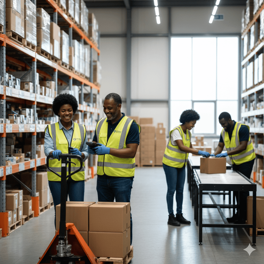 Warehouse staff managing inventory
