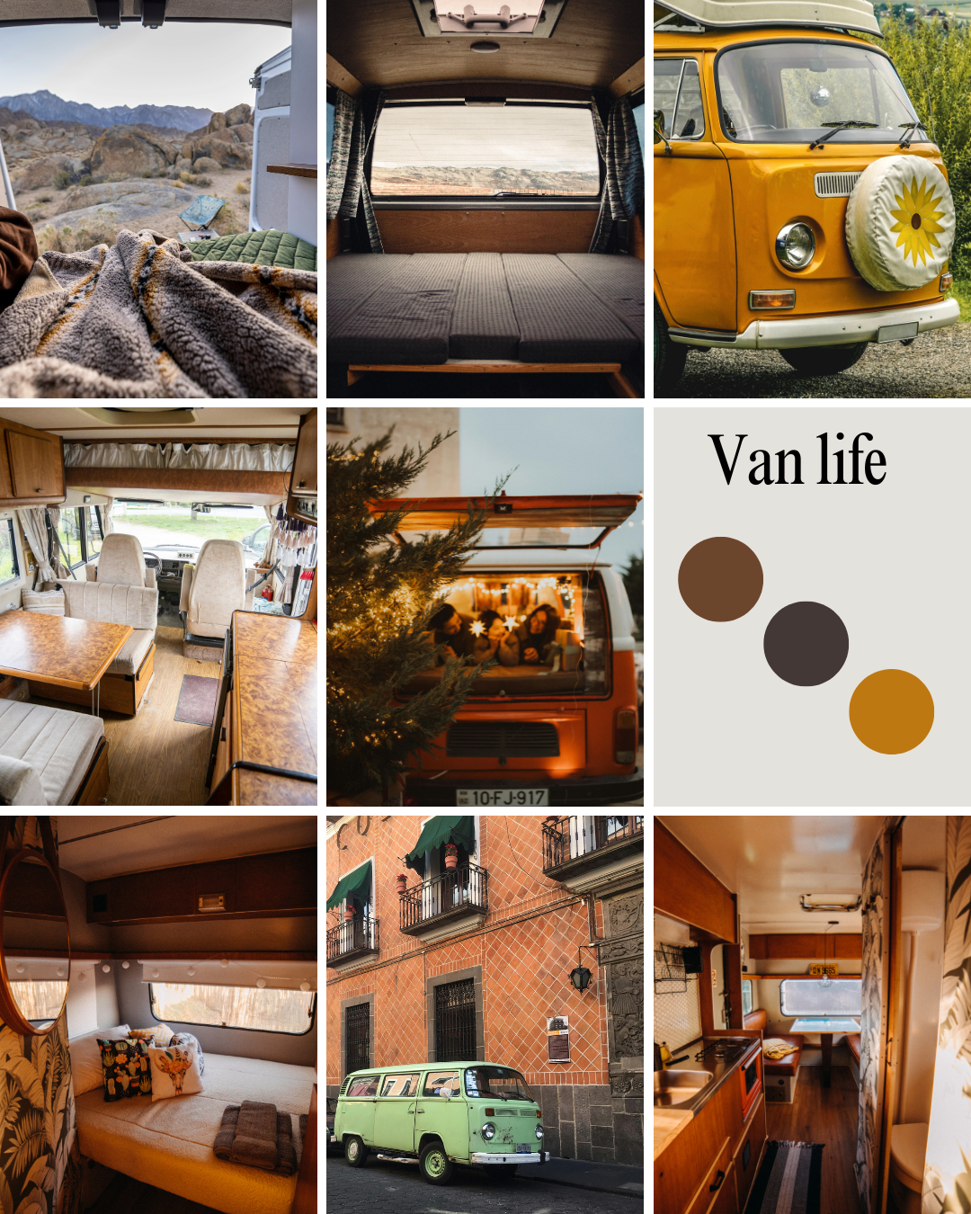 Van life interior with compact kitchen, convertible bed and storage solutions