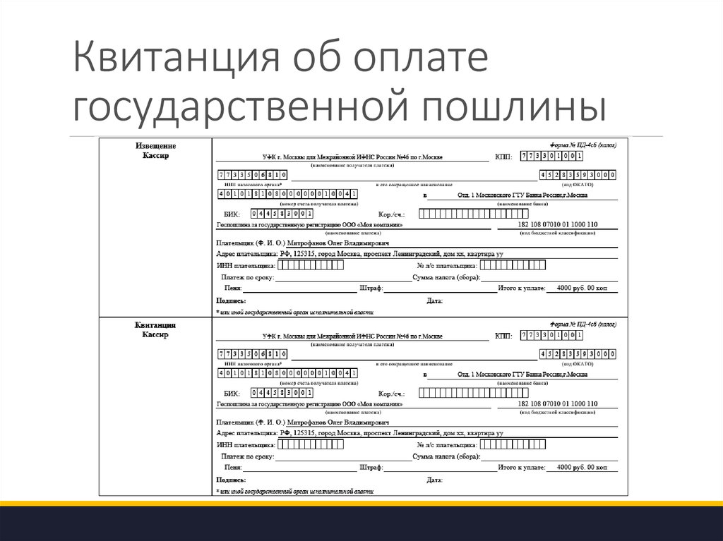 Образец квитанции на оплату госпошлины в суд за подачу искового заявления