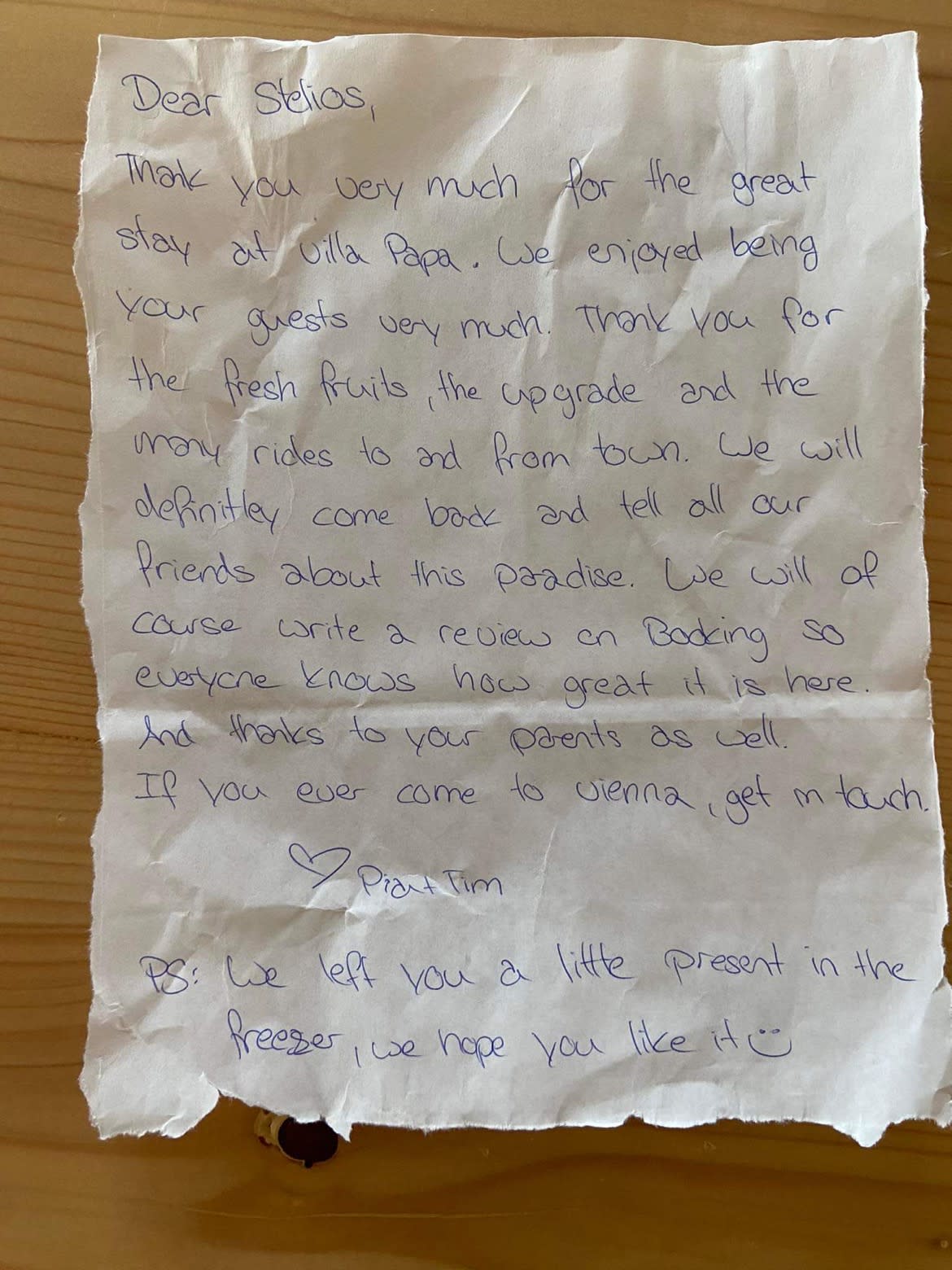 Handwritten letter from Pia and Tim