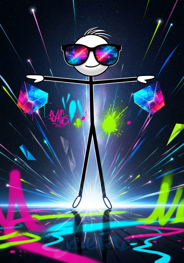 craiyon_120126_stick_figure_wearing_glasses_with_adjacent_angles_floating_in_space_with_a_graffiti_and_hip_hop_vibe