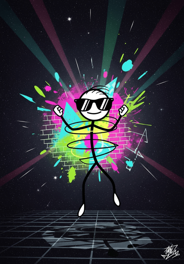 craiyon_120452_stick_figure_wearing_glasses_with_adjacent_angles_floating_in_space_with_a_graffiti_and_hip_hop_vibe