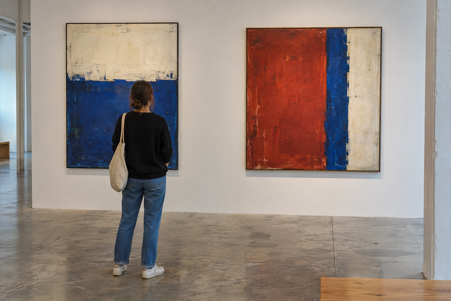 A visitor seen from behind looking at two abstract paintings in a fictional gallery.