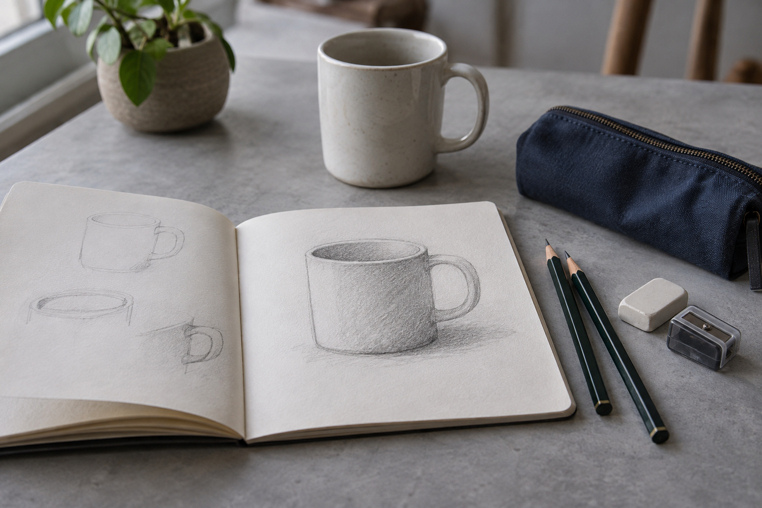 An open sketchbook with pencil studies of a mug beside two pencils, an eraser, a sharpener, and a fabric pouch.