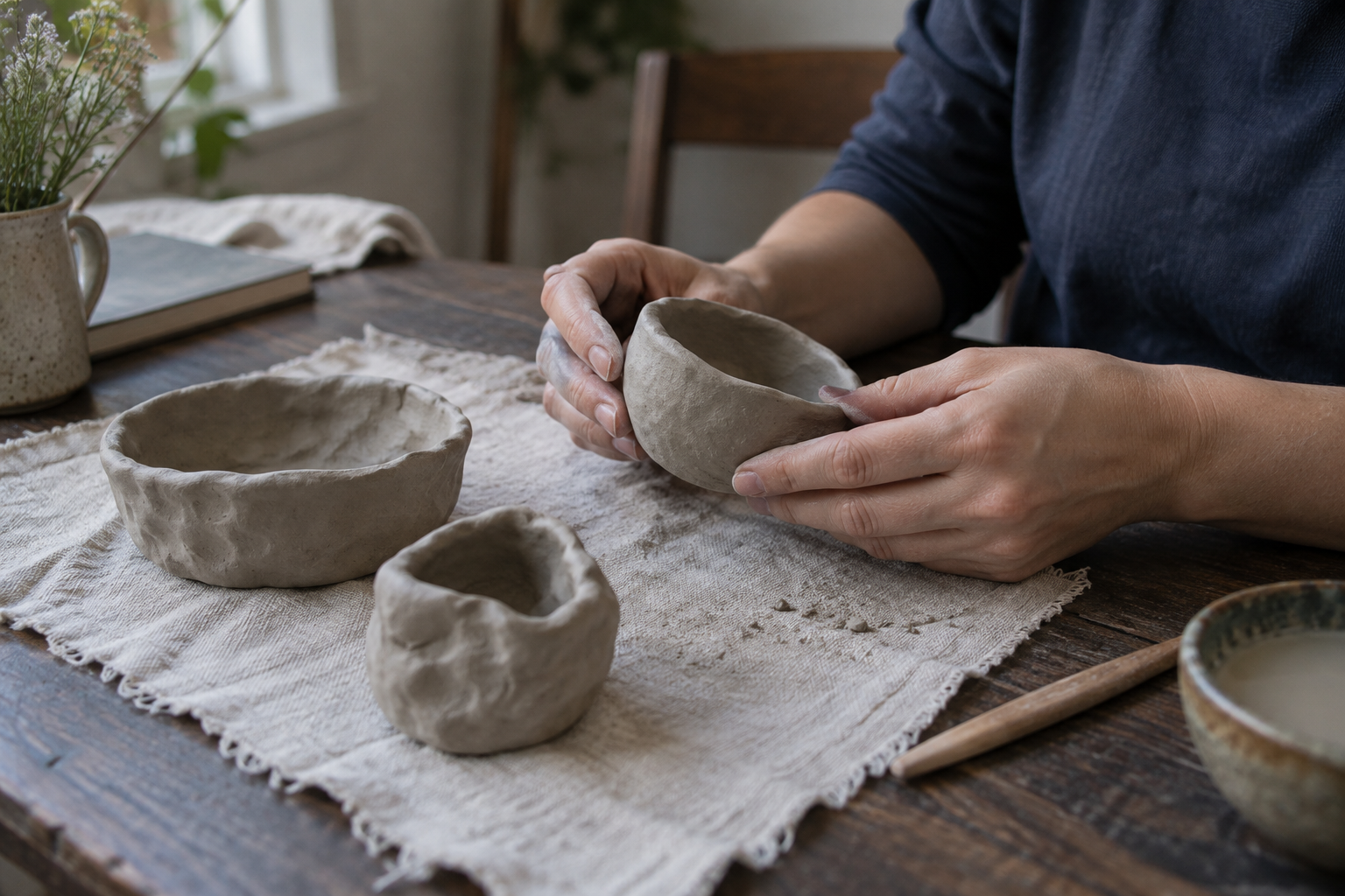 An adult holding an uneven handmade clay bowl beside two other small clay pots on a work cloth.