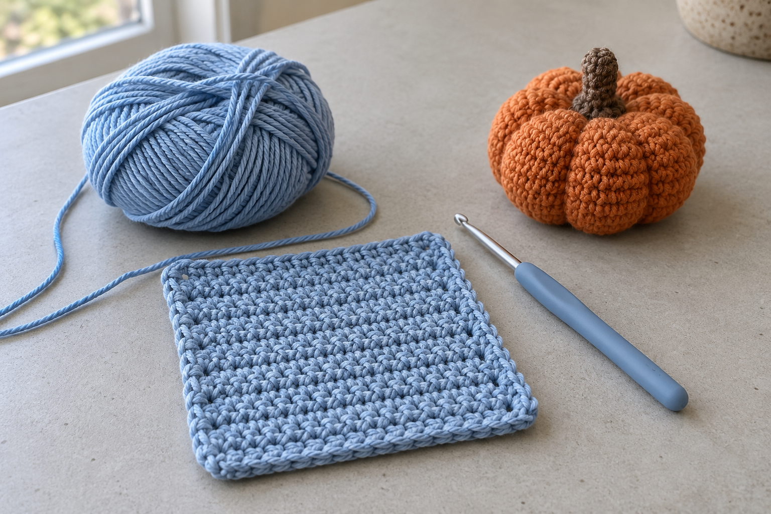 Blue crochet coaster, yarn and hook beside a small orange crocheted pumpkin.
