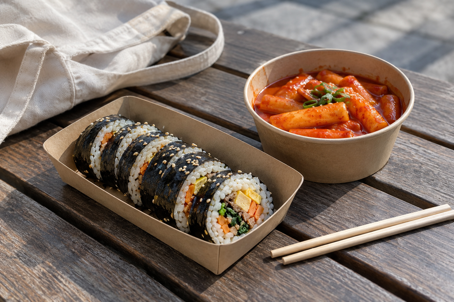 야외 나무 테이블 위 종이 용기에 담긴 김밥과 떡볶이, 나무젓가락과 천 가방.