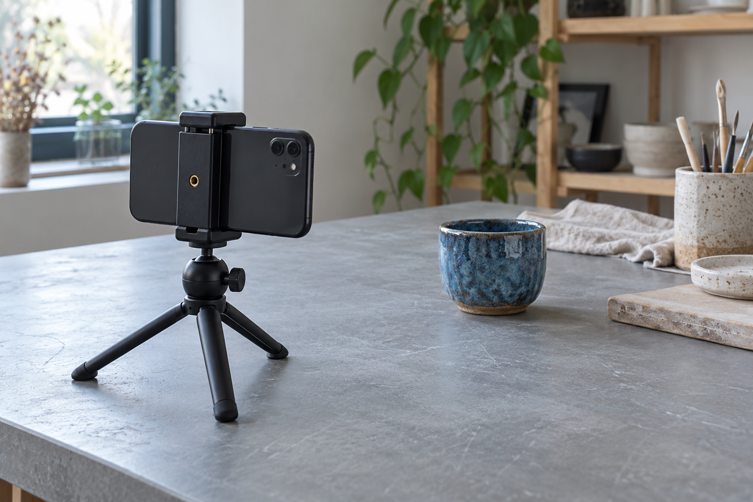 A smartphone in a clamp on a small black tabletop tripod beside a blue ceramic cup.