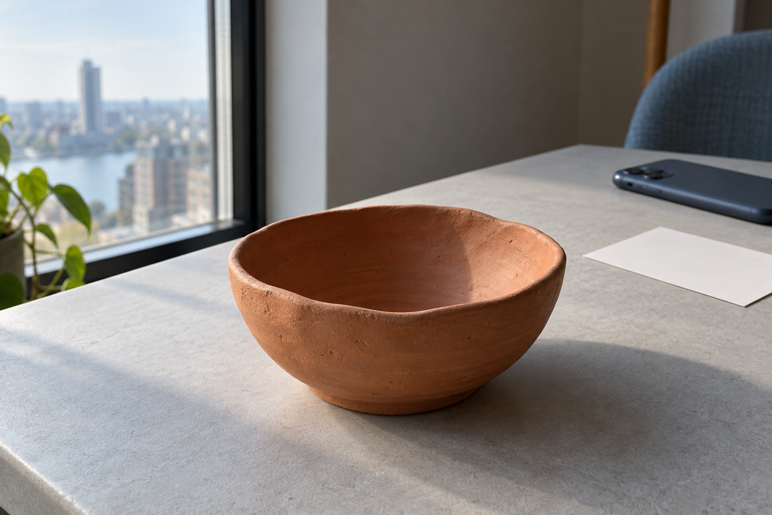 A small matte terracotta bowl casting a soft shadow on a pale tabletop beside a window, with a phone and white card nearby.