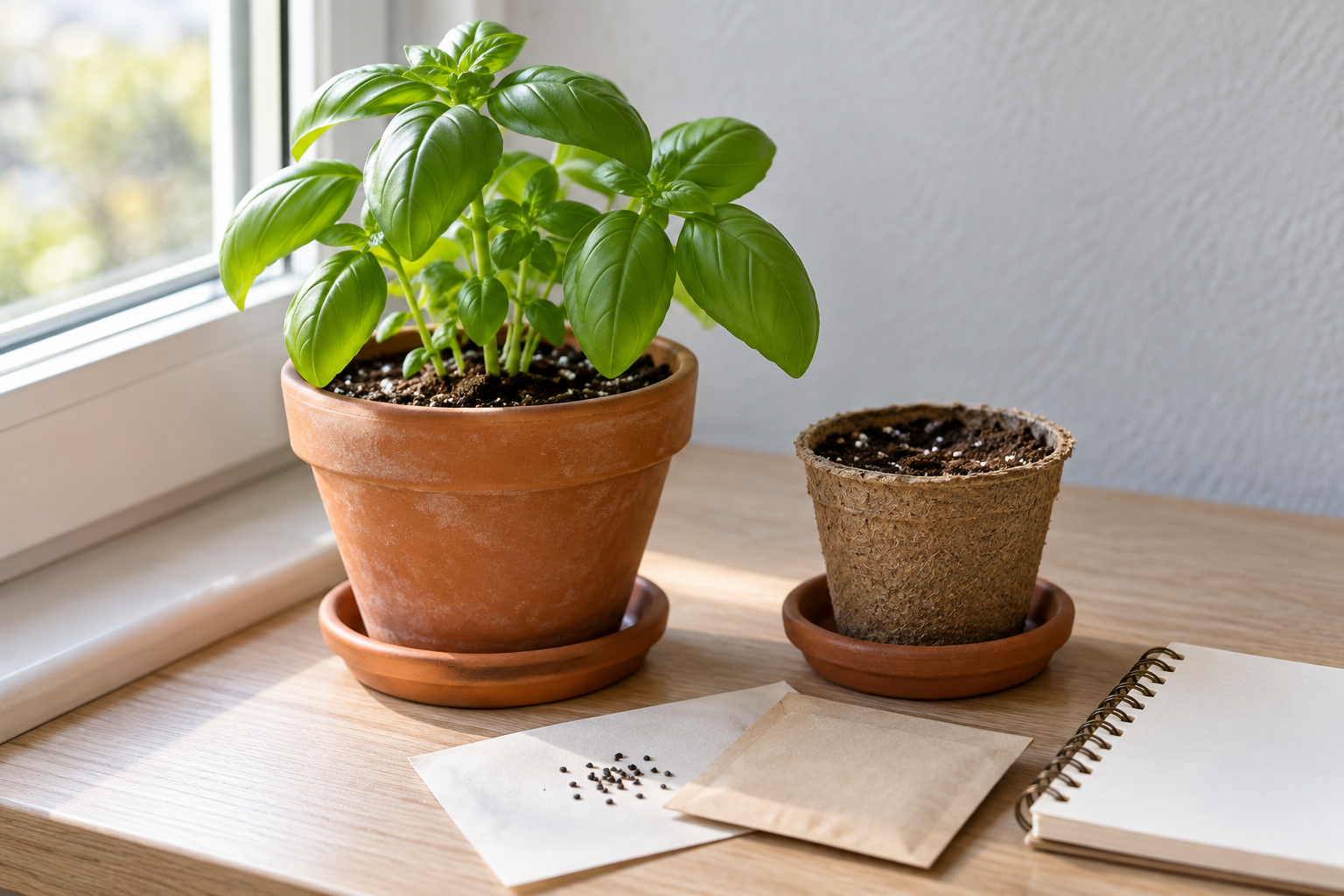 A young basil plant and a small pot of seed-starting mix beside a bright apartment window, with a blank seed envelope and notebook.