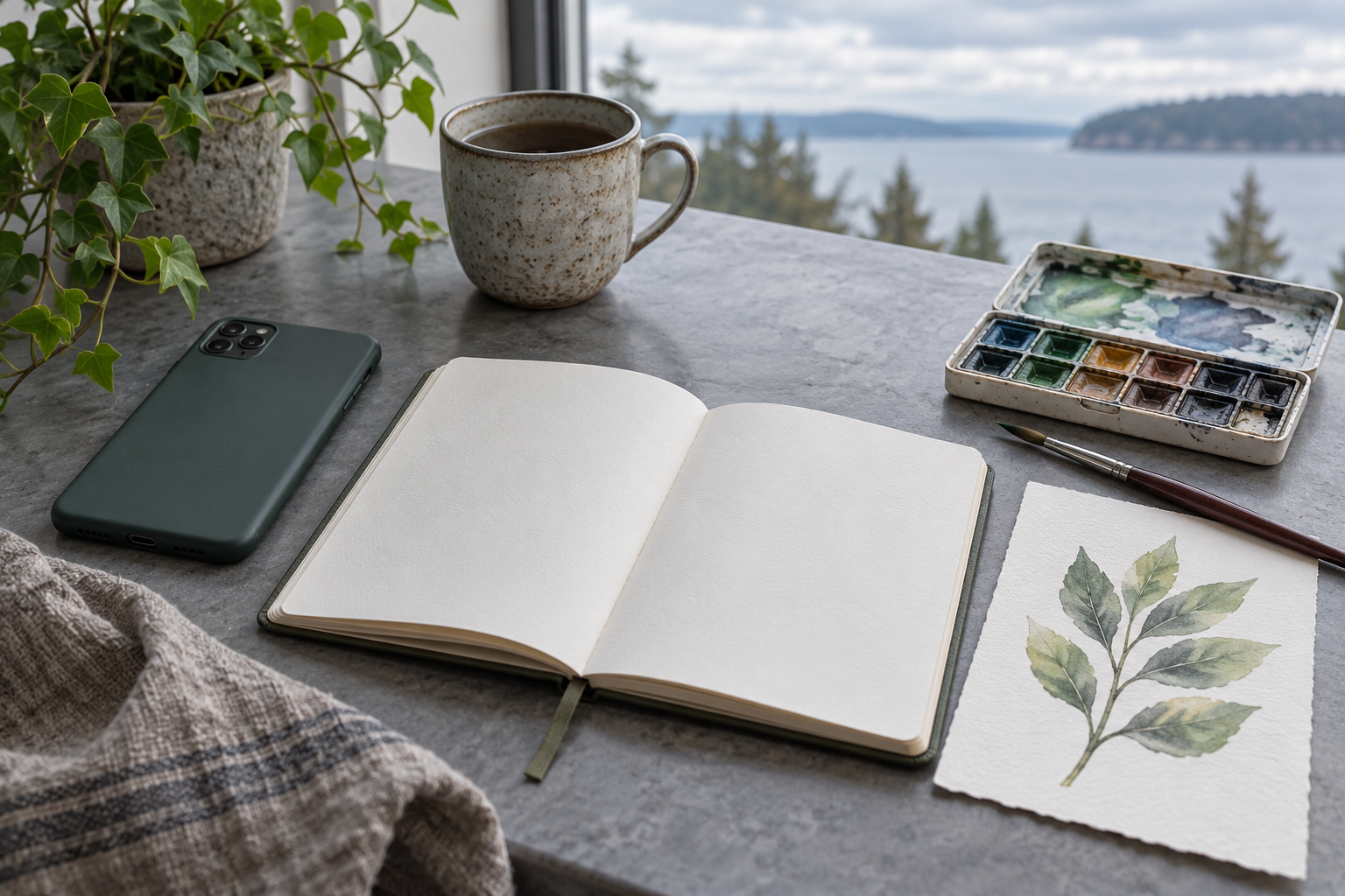 A face-down smartphone beside a blank notebook, a watercolor leaf sketch, a small palette and brush on a gray table.