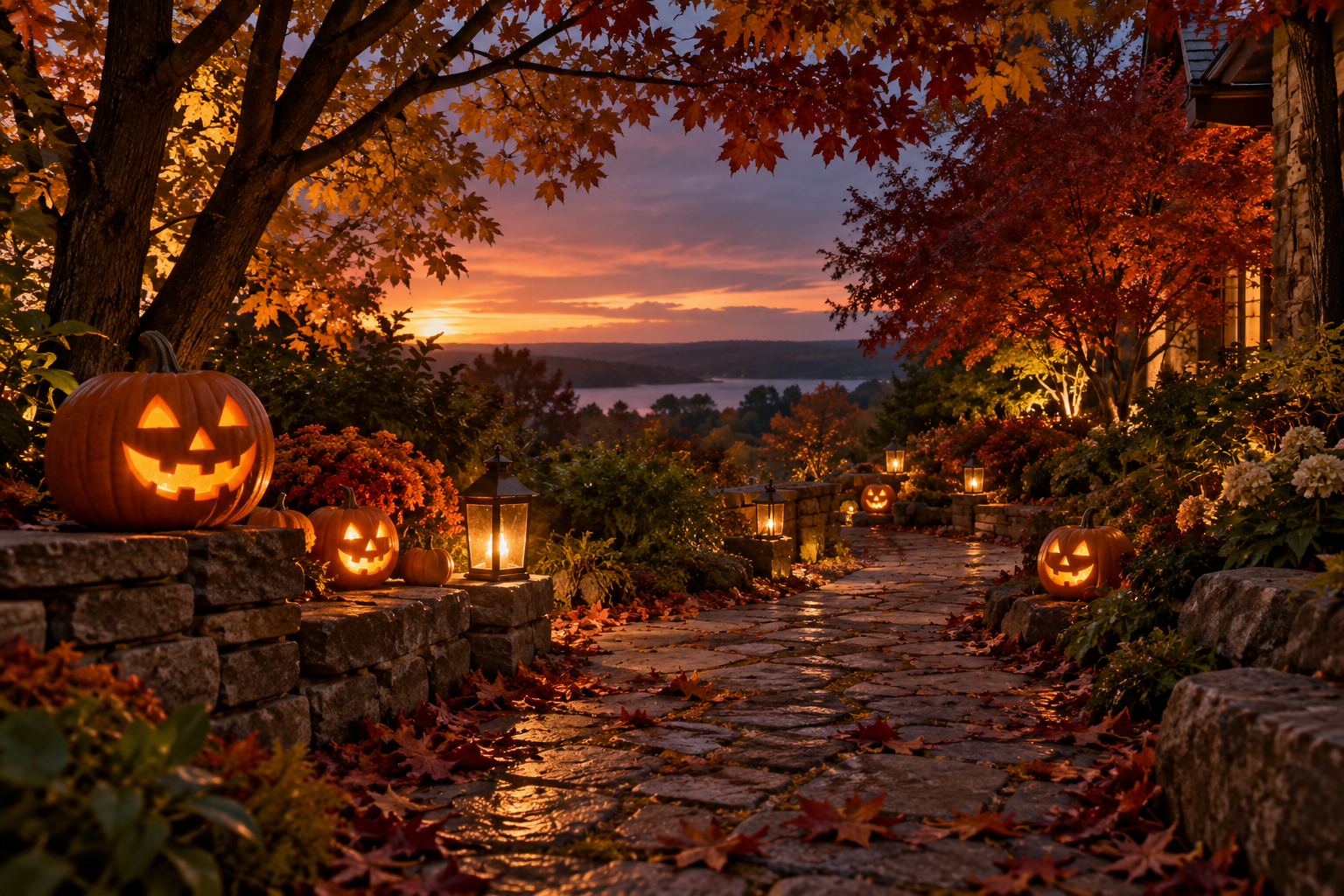 A conceptual garden path at dusk lined with illuminated carved pumpkins and leafy trees.