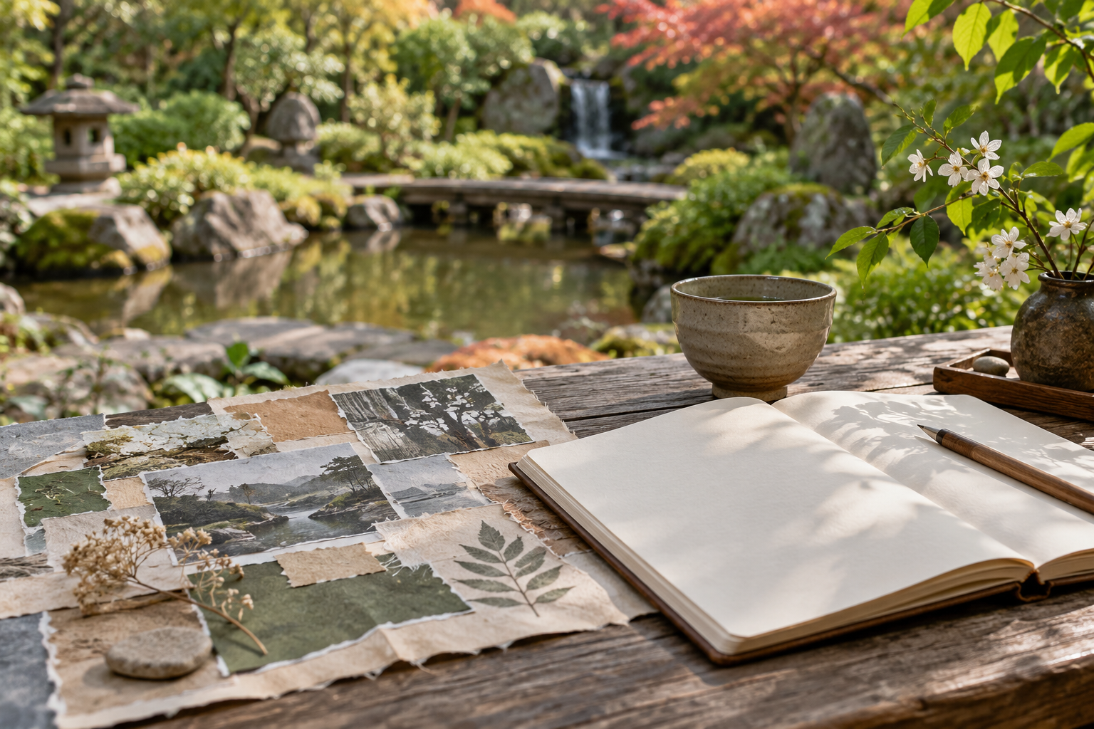 AI concept of a blank notebook and collage materials beside a garden pond