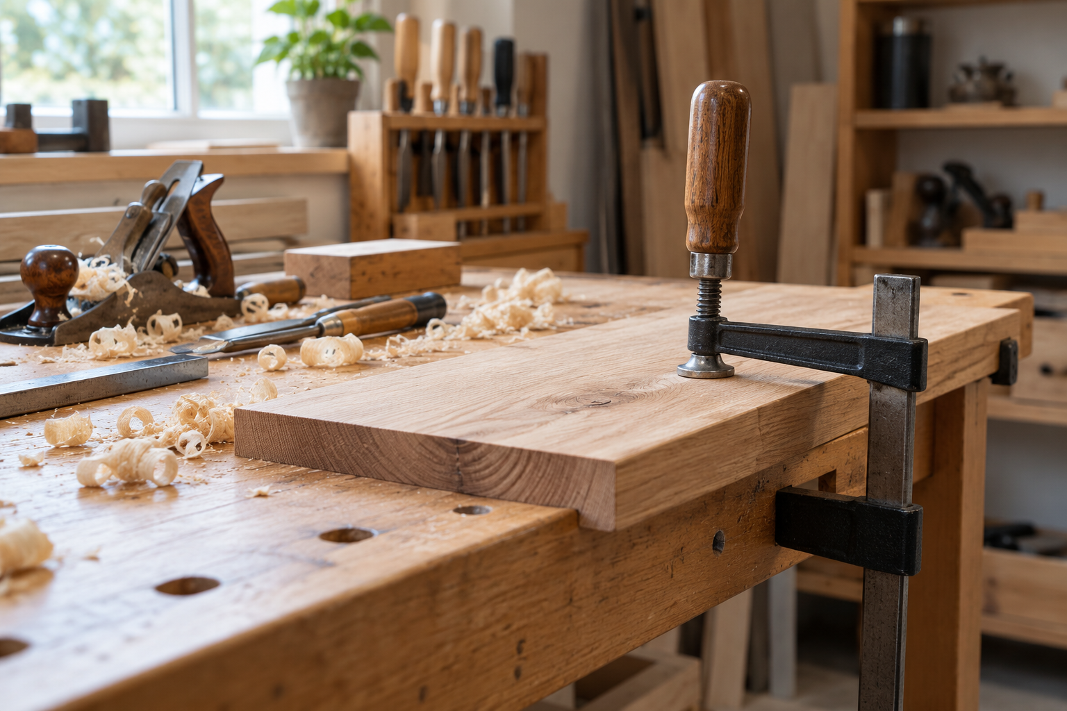 AI concept of a wooden board clamped on a workbench with hand tools