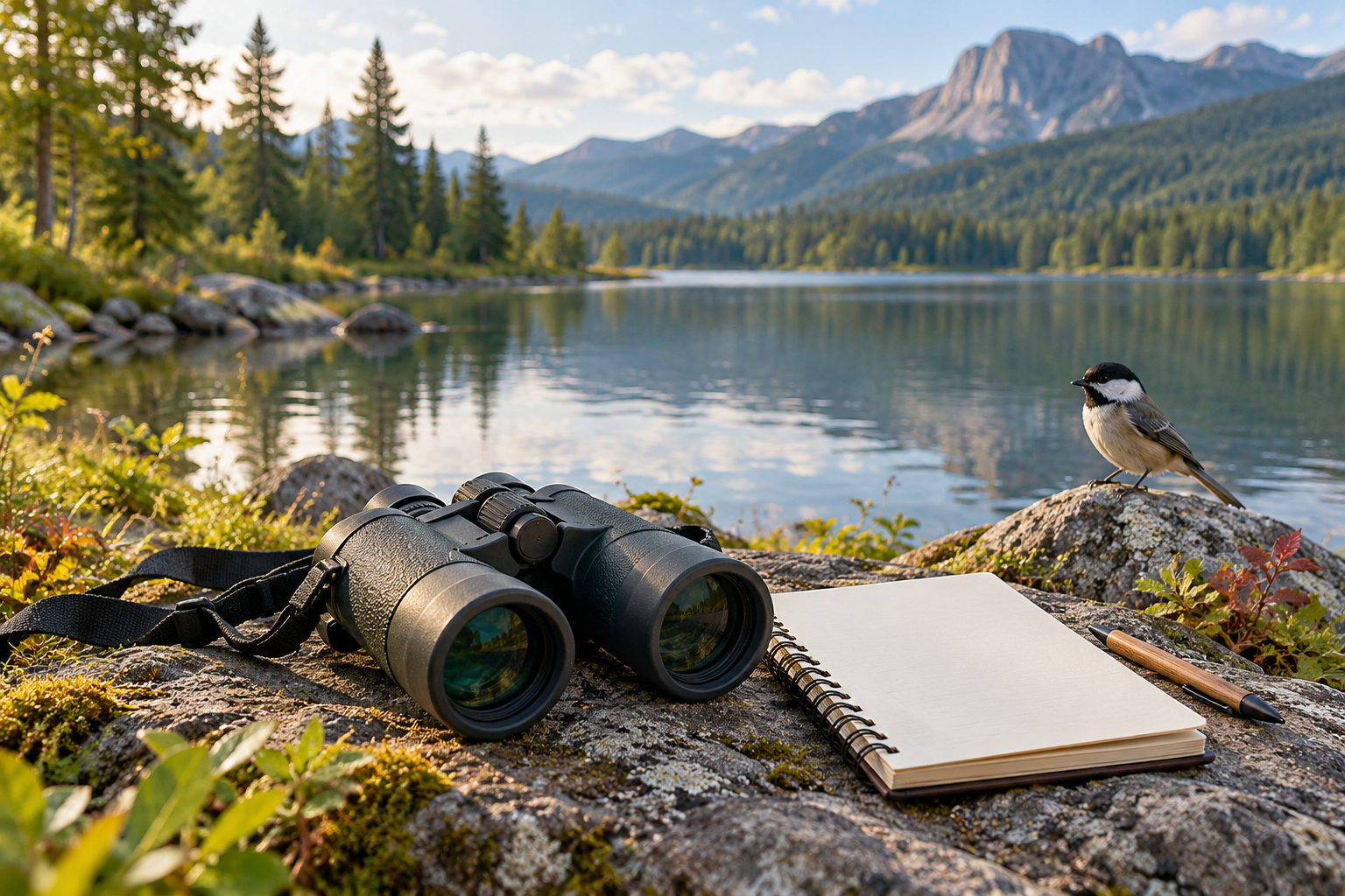 AI concept of binoculars and a blank notebook beside a lake with a small bird
