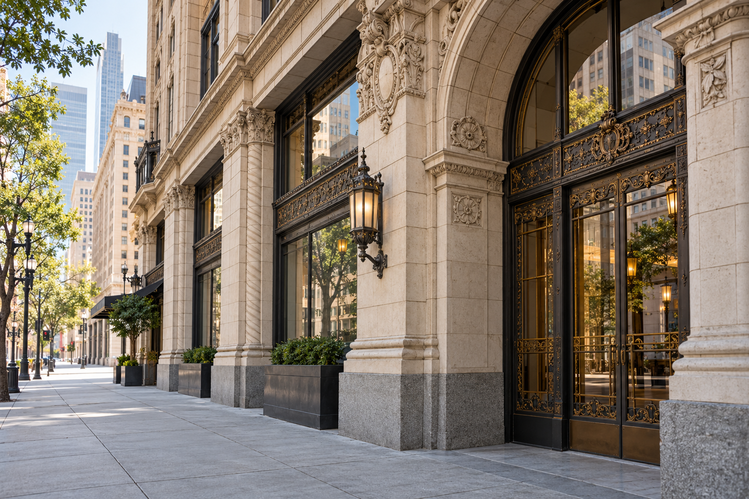 AI concept of ornate building facades along a downtown sidewalk