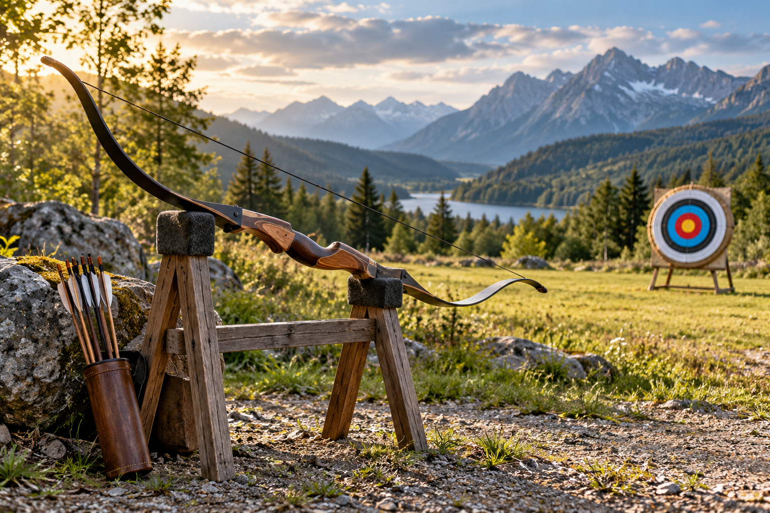 AI concept of a bow on a stand beside an outdoor target range