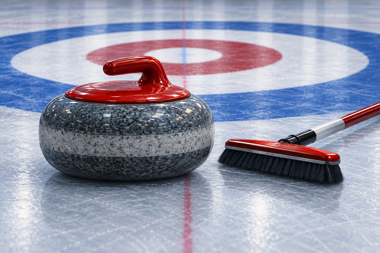 AI conceptual illustration of a curling stone and broom beside a house on indoor ice