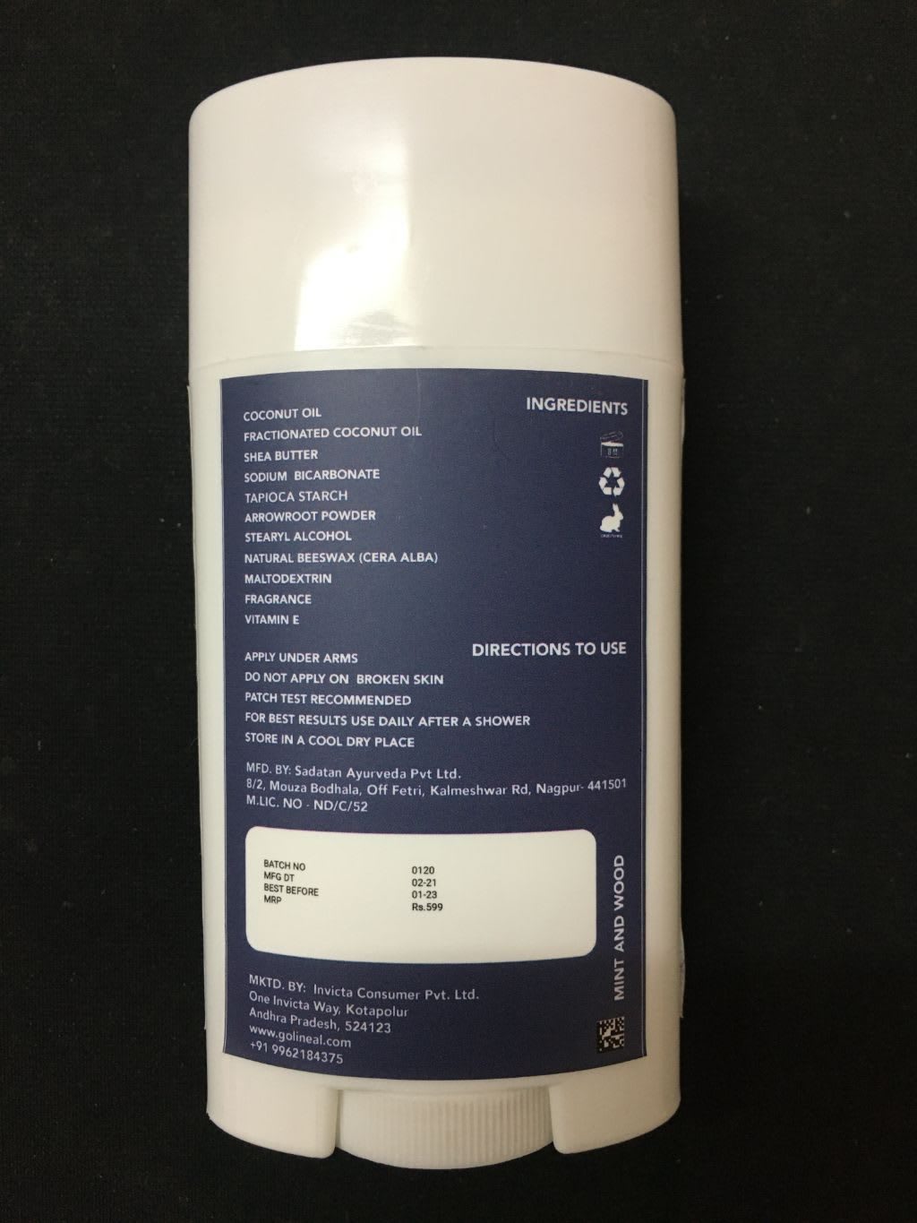 Mint and Wood Deodorant product label