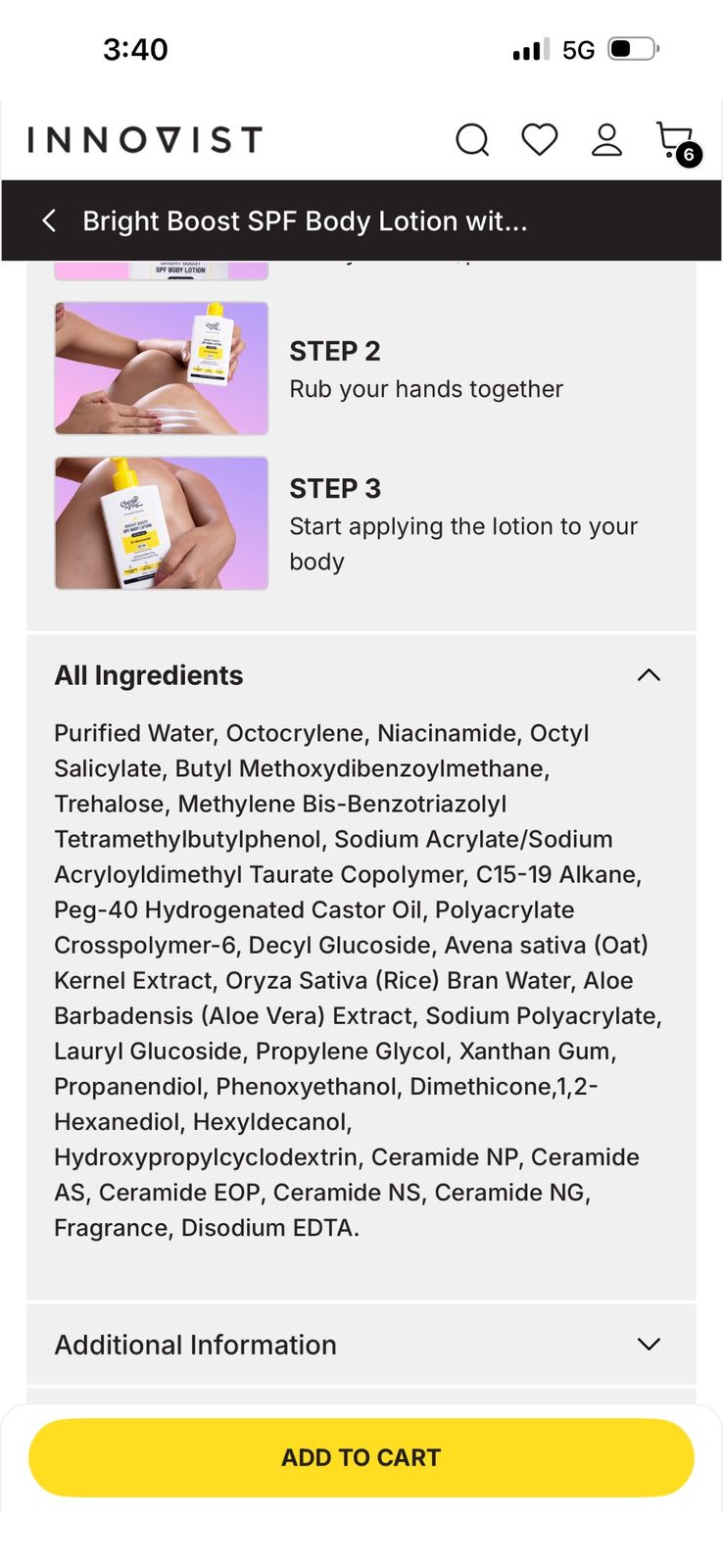 Innovist Bright Boost SPF Body Lotion label