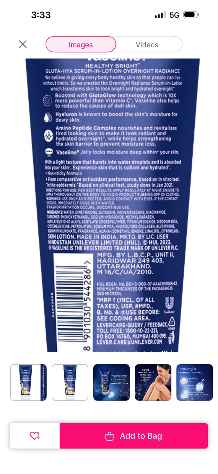 Vaseline Healthy Bright Gluta-Hya Serum-In-Lotion Overnight Radiance